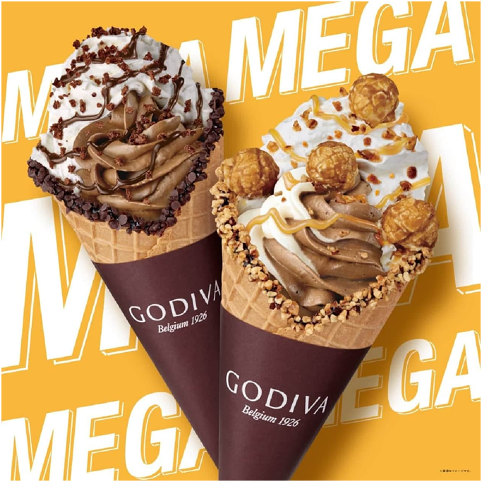 ゴディバ「メガパフェ チョコレート・
キャラメル」の2種類、約1.6倍のメガサイズ
ソフトクリーム！新発売！
